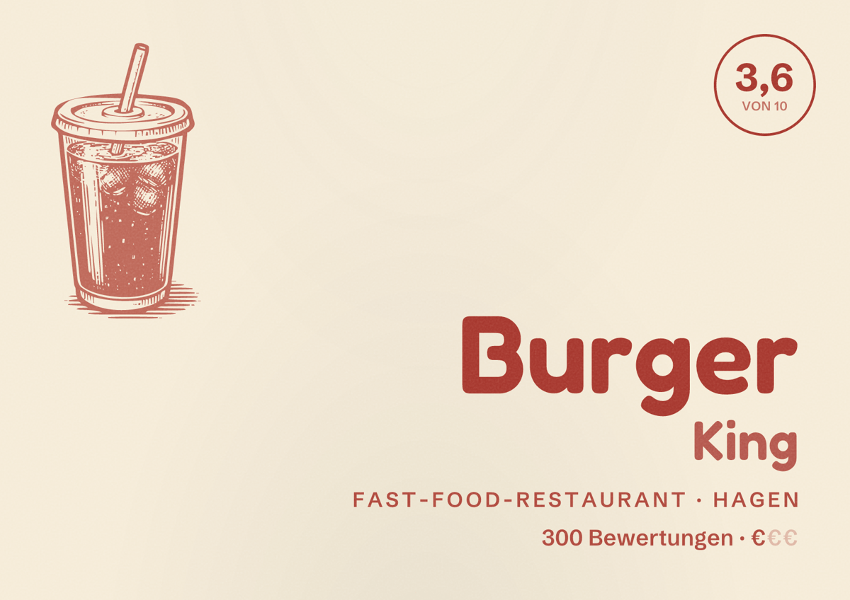 Illustriertes Poster von Burger King, Fast-Food-Restaurant in Hagen: Bewertung 3,6 von 10 aus 300 Bewertungen, Preisniveau €