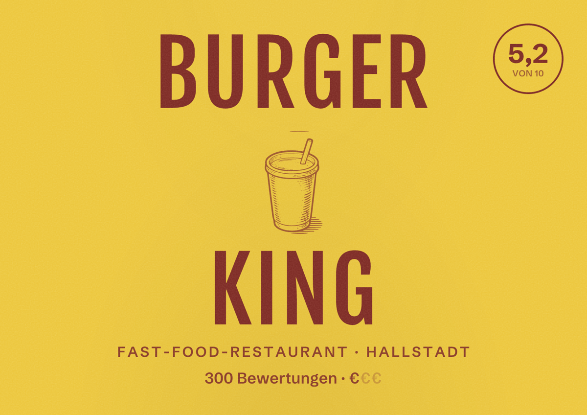 Illustriertes Poster von Burger King, Fast-Food-Restaurant in Hallstadt: Bewertung 5,2 von 10 aus 300 Bewertungen, Preisniveau €