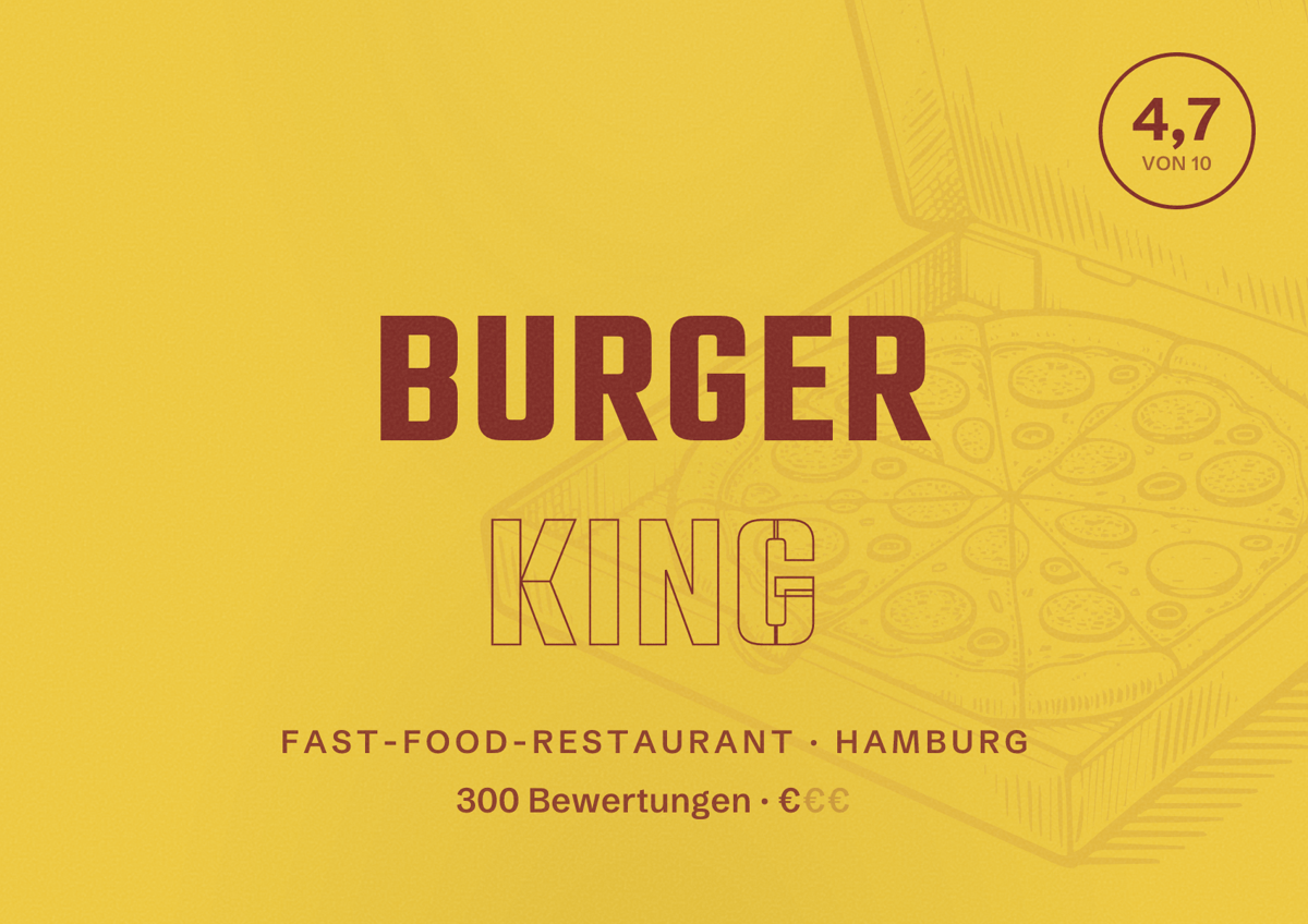 Illustriertes Poster von Burger King, Fast-Food-Restaurant in Hamburg: Bewertung 4,7 von 10 aus 300 Bewertungen, Preisniveau €