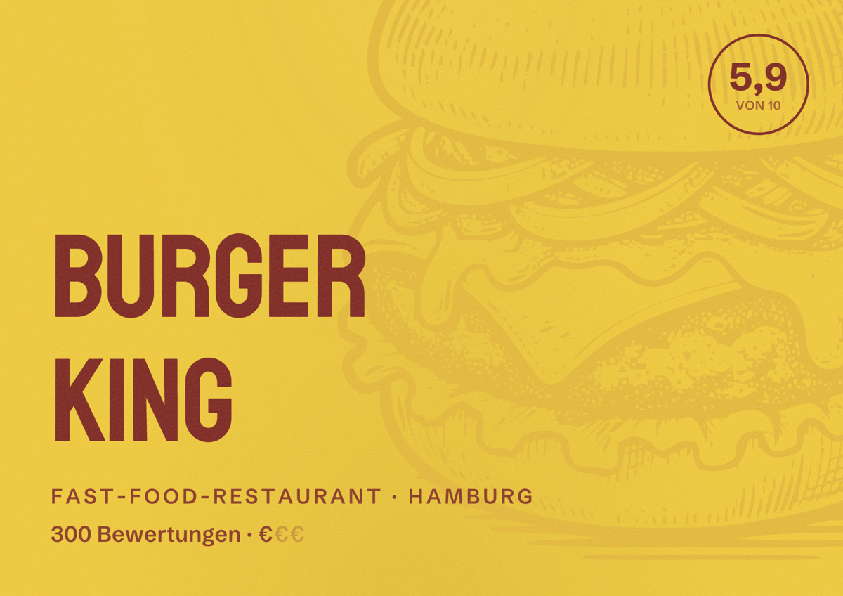 Illustriertes Poster von Burger King, Fast-Food-Restaurant in Hamburg: Bewertung 5,9 von 10 aus 300 Bewertungen, Preisniveau €