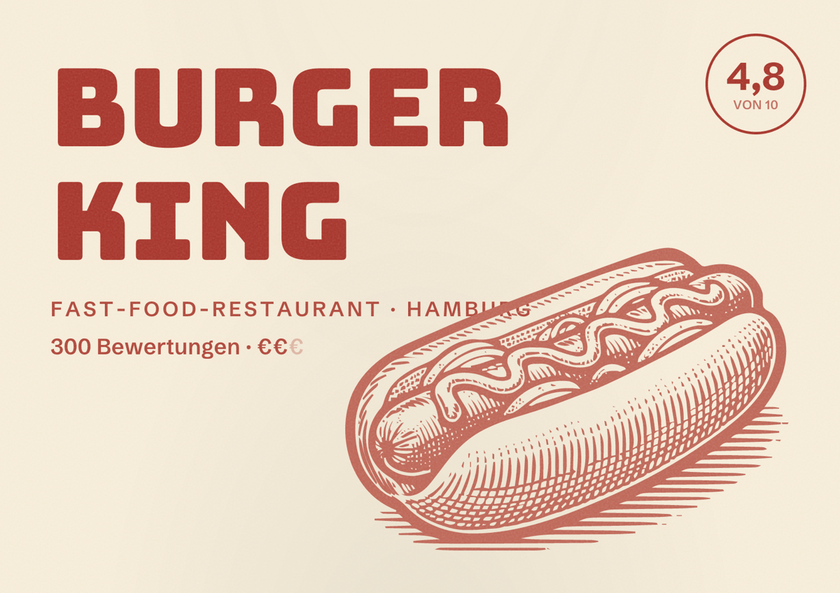 Illustriertes Poster von Burger King, Fast-Food-Restaurant in Hamburg: Bewertung 4,8 von 10 aus 300 Bewertungen, Preisniveau €€