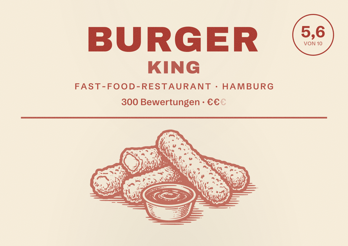 Illustriertes Poster von Burger King, Fast-Food-Restaurant in Hamburg: Bewertung 5,6 von 10 aus 300 Bewertungen, Preisniveau €€