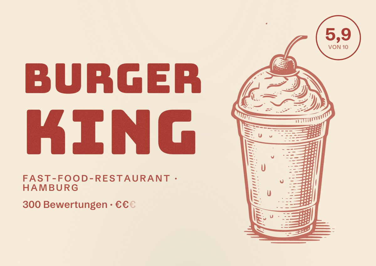 Illustriertes Poster von Burger King, Fast-Food-Restaurant in Hamburg: Bewertung 5,9 von 10 aus 300 Bewertungen, Preisniveau €€