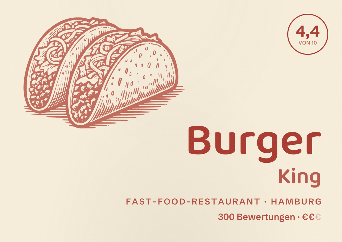 Illustriertes Poster von Burger King, Fast-Food-Restaurant in Hamburg: Bewertung 4,4 von 10 aus 300 Bewertungen, Preisniveau €€
