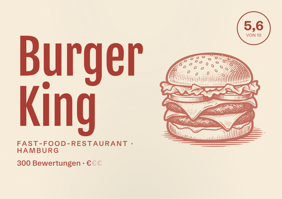 Illustriertes Poster von Burger King, Fast-Food-Restaurant in Hamburg: Bewertung 5,6 von 10 aus 300 Bewertungen, Preisniveau €