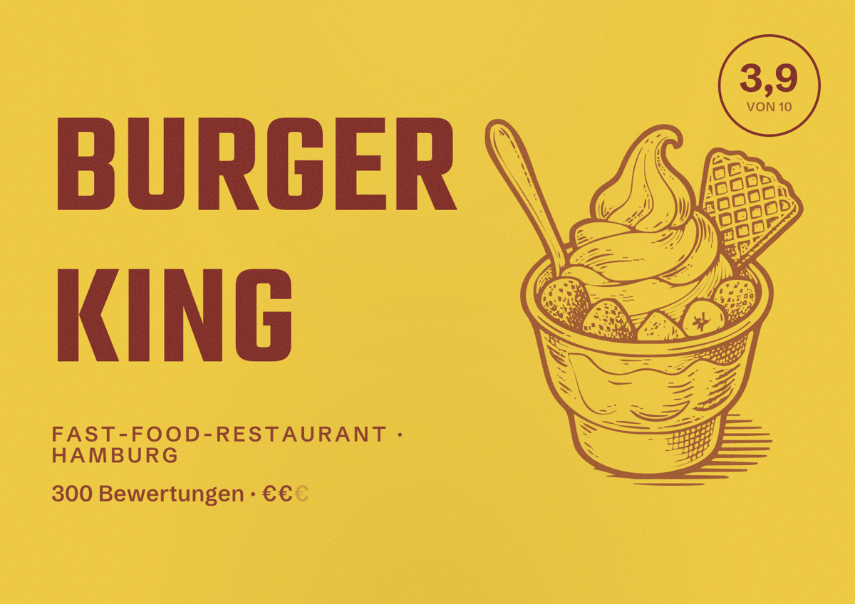 Illustriertes Poster von Burger King, Fast-Food-Restaurant in Hamburg: Bewertung 3,9 von 10 aus 300 Bewertungen, Preisniveau €€