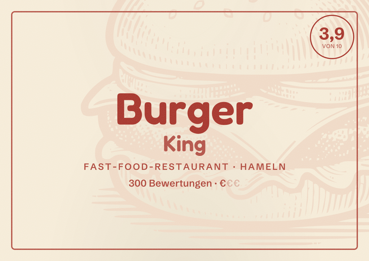 Illustriertes Poster von Burger King, Fast-Food-Restaurant in Hameln: Bewertung 3,9 von 10 aus 300 Bewertungen, Preisniveau €