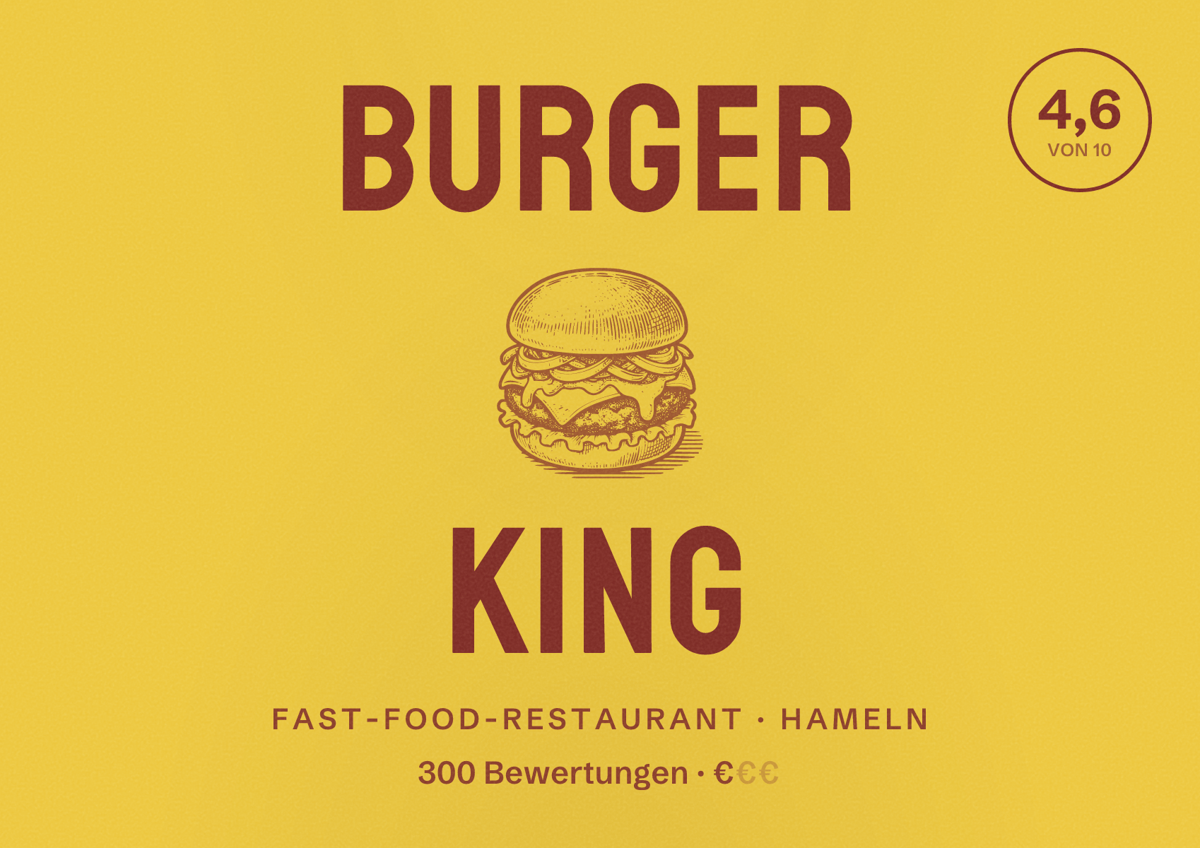 Illustriertes Poster von Burger King, Fast-Food-Restaurant in Hameln: Bewertung 4,6 von 10 aus 300 Bewertungen, Preisniveau €
