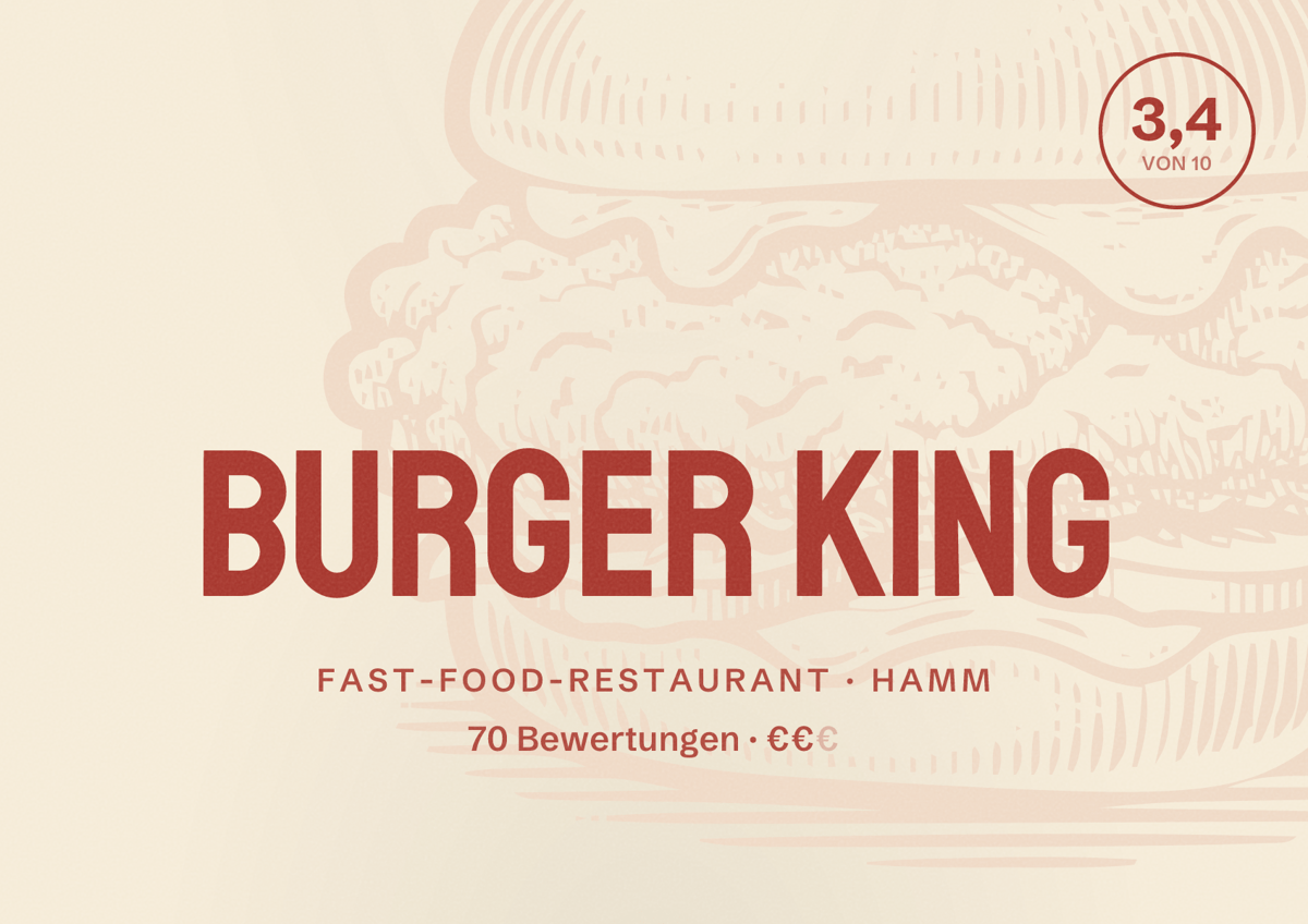 Illustriertes Poster von Burger King, Fast-Food-Restaurant in Hamm: Bewertung 3,4 von 10 aus 70 Bewertungen, Preisniveau €€