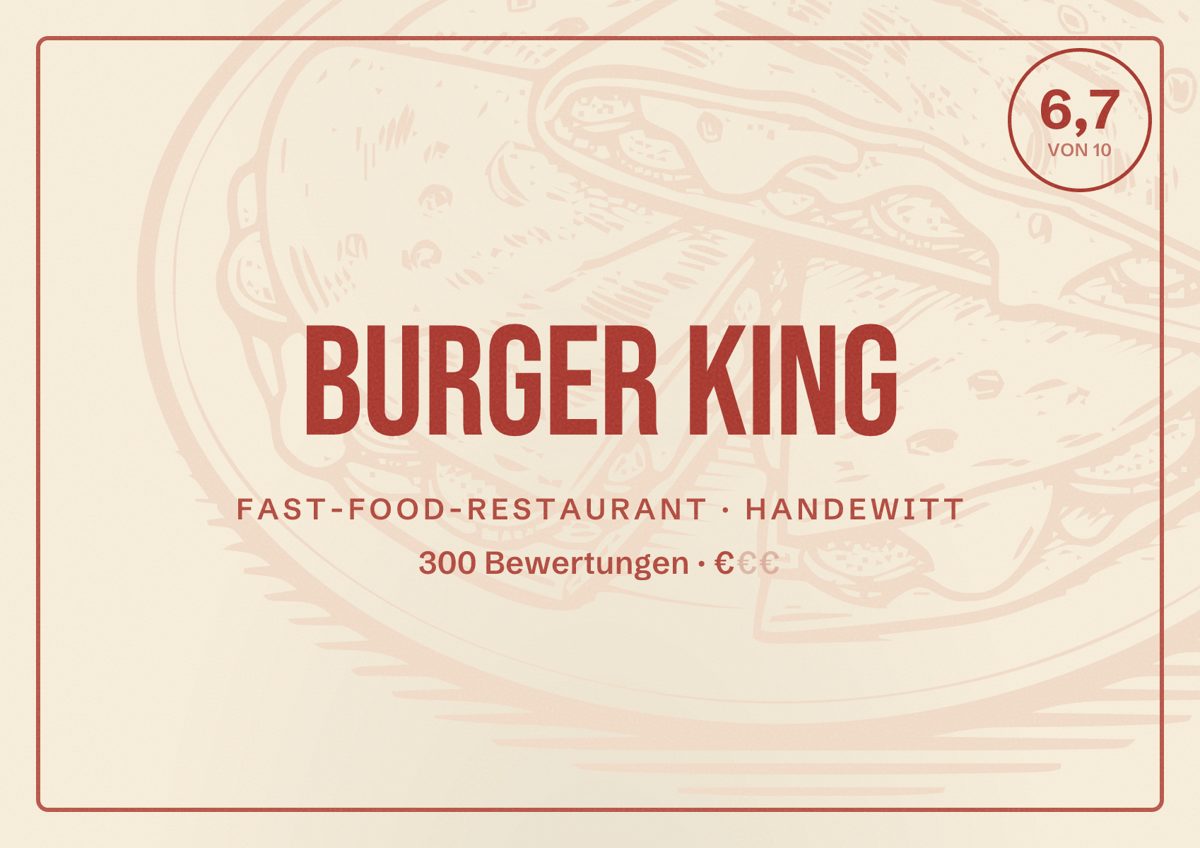 Illustriertes Poster von Burger King, Fast-Food-Restaurant in Handewitt: Bewertung 6,7 von 10 aus 300 Bewertungen, Preisniveau €
