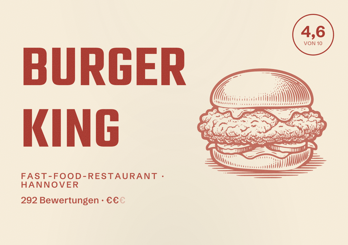 Illustriertes Poster von Burger King, Fast-Food-Restaurant in Hannover: Bewertung 4,6 von 10 aus 292 Bewertungen, Preisniveau €€