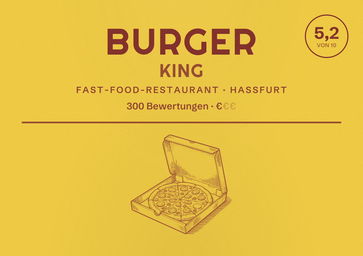 Illustriertes Poster von Burger King, Fast-Food-Restaurant in Haßfurt: Bewertung 5,2 von 10 aus 300 Bewertungen, Preisniveau €