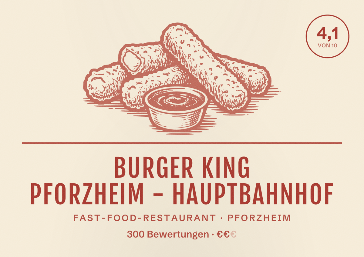 Illustriertes Poster von Burger King Pforzheim - Hauptbahnhof, Fast-Food-Restaurant in Pforzheim: Bewertung 4,1 von 10 aus 300 Bewertungen, Preisniveau €€