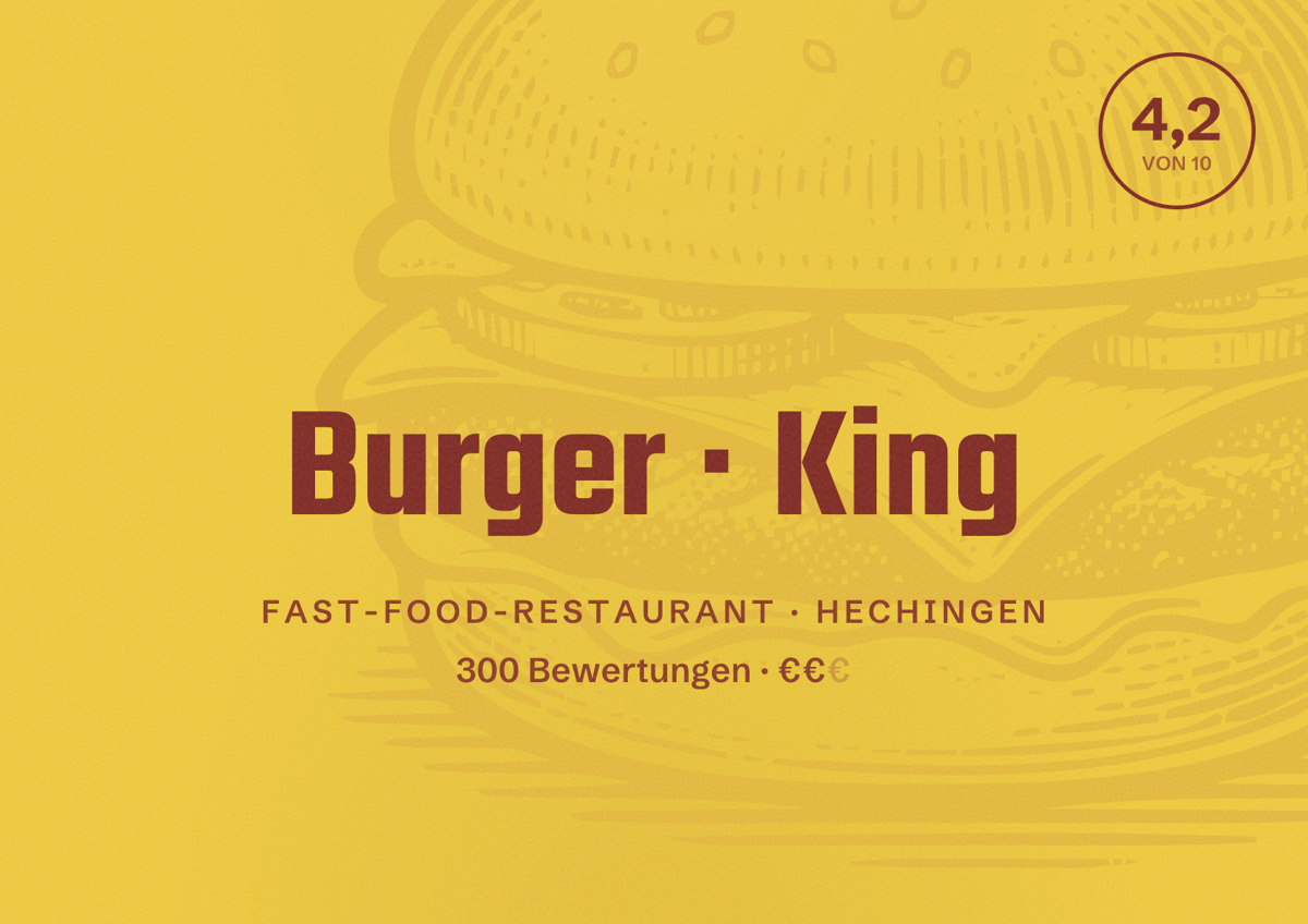 Illustriertes Poster von Burger King, Fast-Food-Restaurant in Hechingen: Bewertung 4,2 von 10 aus 300 Bewertungen, Preisniveau €€