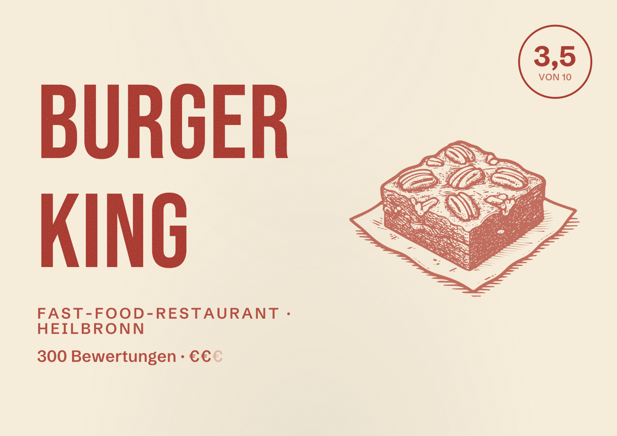 Illustriertes Poster von Burger King, Fast-Food-Restaurant in Heilbronn: Bewertung 3,5 von 10 aus 300 Bewertungen, Preisniveau €€