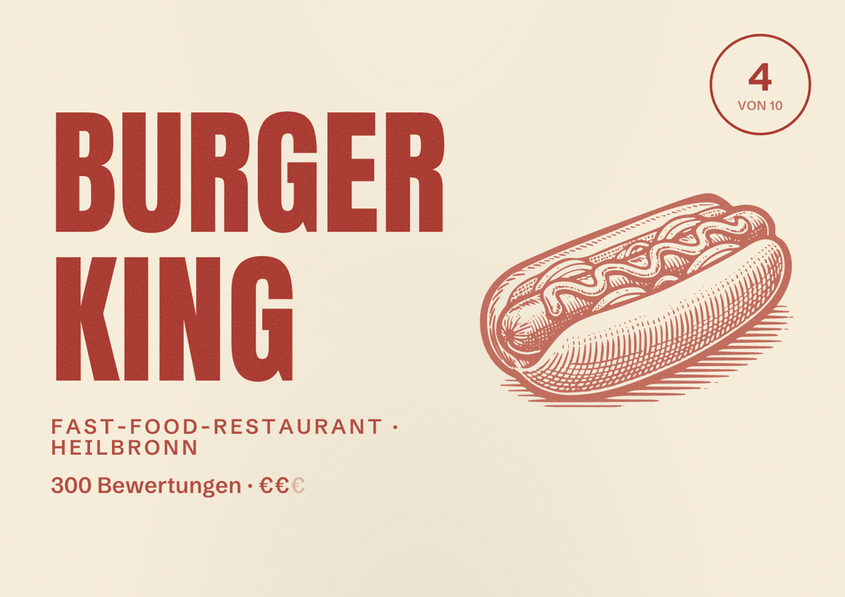Illustriertes Poster von Burger King, Fast-Food-Restaurant in Heilbronn: Bewertung 4 von 10 aus 300 Bewertungen, Preisniveau €€