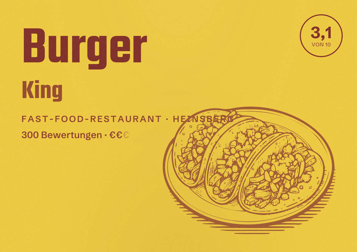 Illustriertes Poster von Burger King, Fast-Food-Restaurant in Heinsberg: Bewertung 3,1 von 10 aus 300 Bewertungen, Preisniveau €€