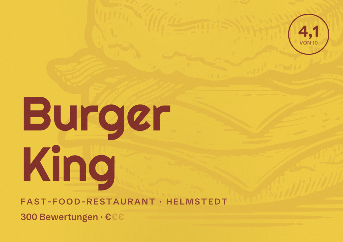 Illustriertes Poster von Burger King, Fast-Food-Restaurant in Helmstedt: Bewertung 4,1 von 10 aus 300 Bewertungen, Preisniveau €