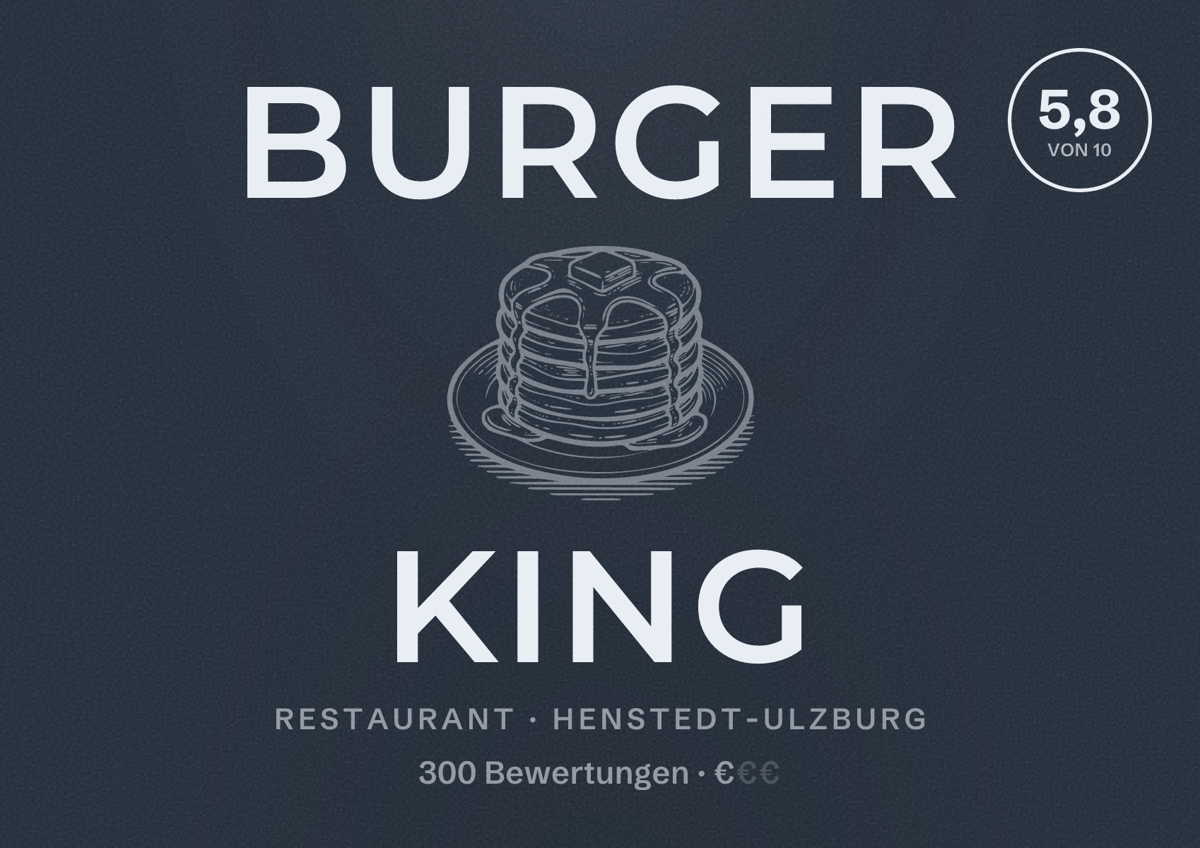 Illustriertes Poster von Burger King, Restaurant in Henstedt-Ulzburg: Bewertung 5,8 von 10 aus 300 Bewertungen, Preisniveau €