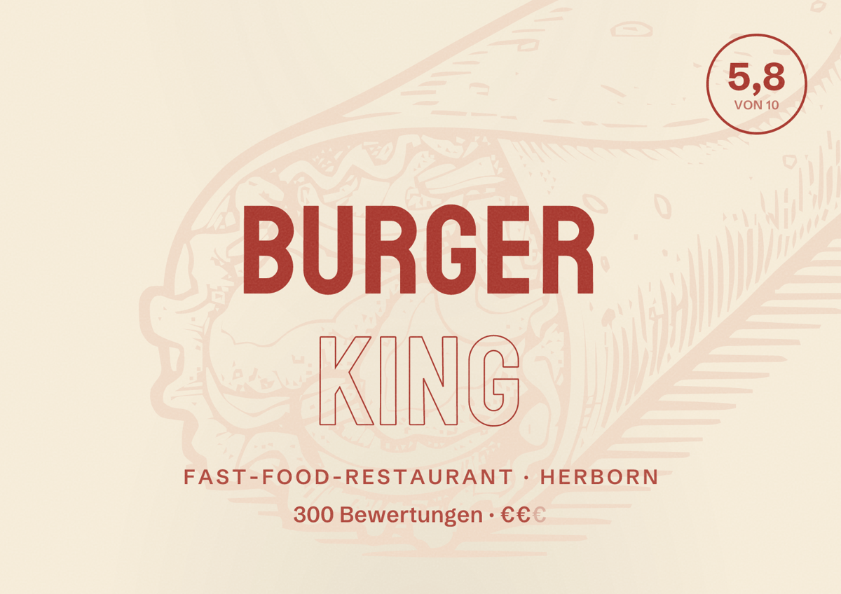 Illustriertes Poster von Burger King, Fast-Food-Restaurant in Herborn: Bewertung 5,8 von 10 aus 300 Bewertungen, Preisniveau €€