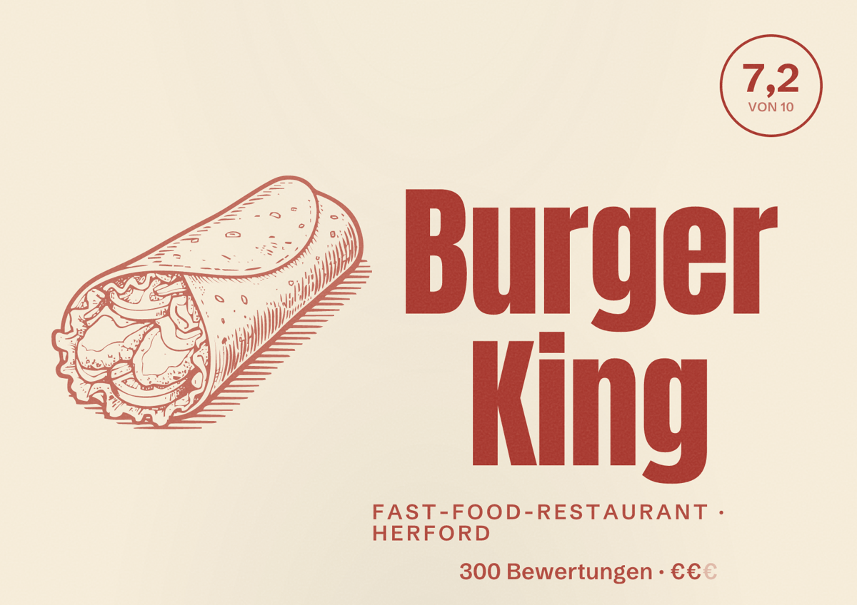 Illustriertes Poster von Burger King, Fast-Food-Restaurant in Herford: Bewertung 7,2 von 10 aus 300 Bewertungen, Preisniveau €€