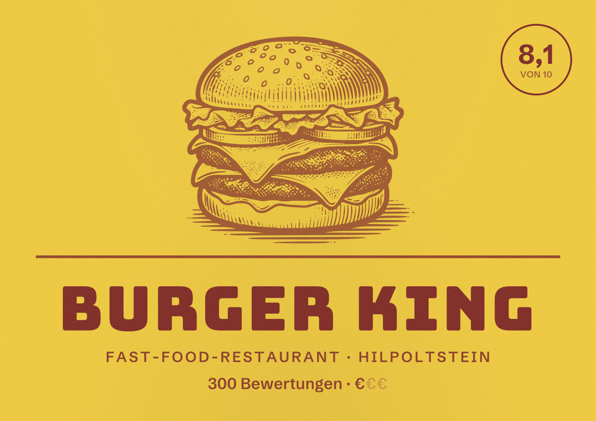 Illustriertes Poster von Burger King, Fast-Food-Restaurant in Hilpoltstein: Bewertung 8,1 von 10 aus 300 Bewertungen, Preisniveau €