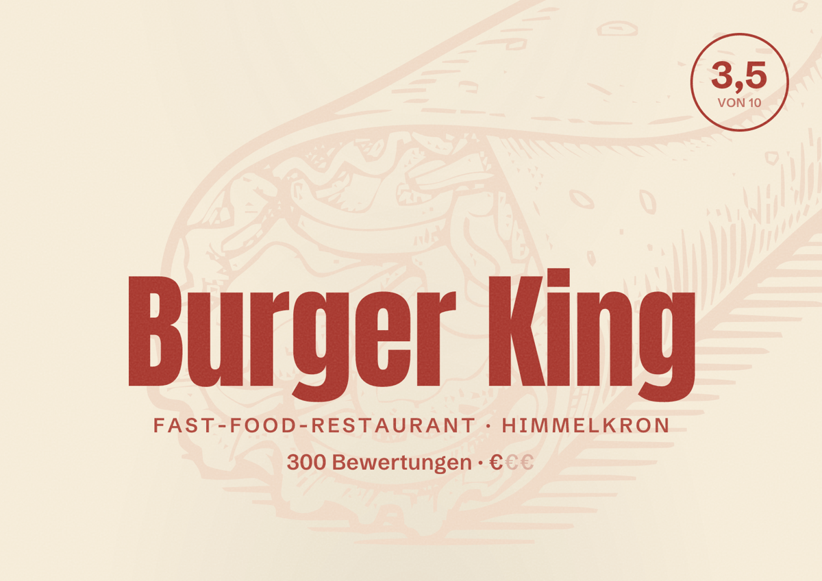 Illustriertes Poster von Burger King, Fast-Food-Restaurant in Himmelkron: Bewertung 3,5 von 10 aus 300 Bewertungen, Preisniveau €