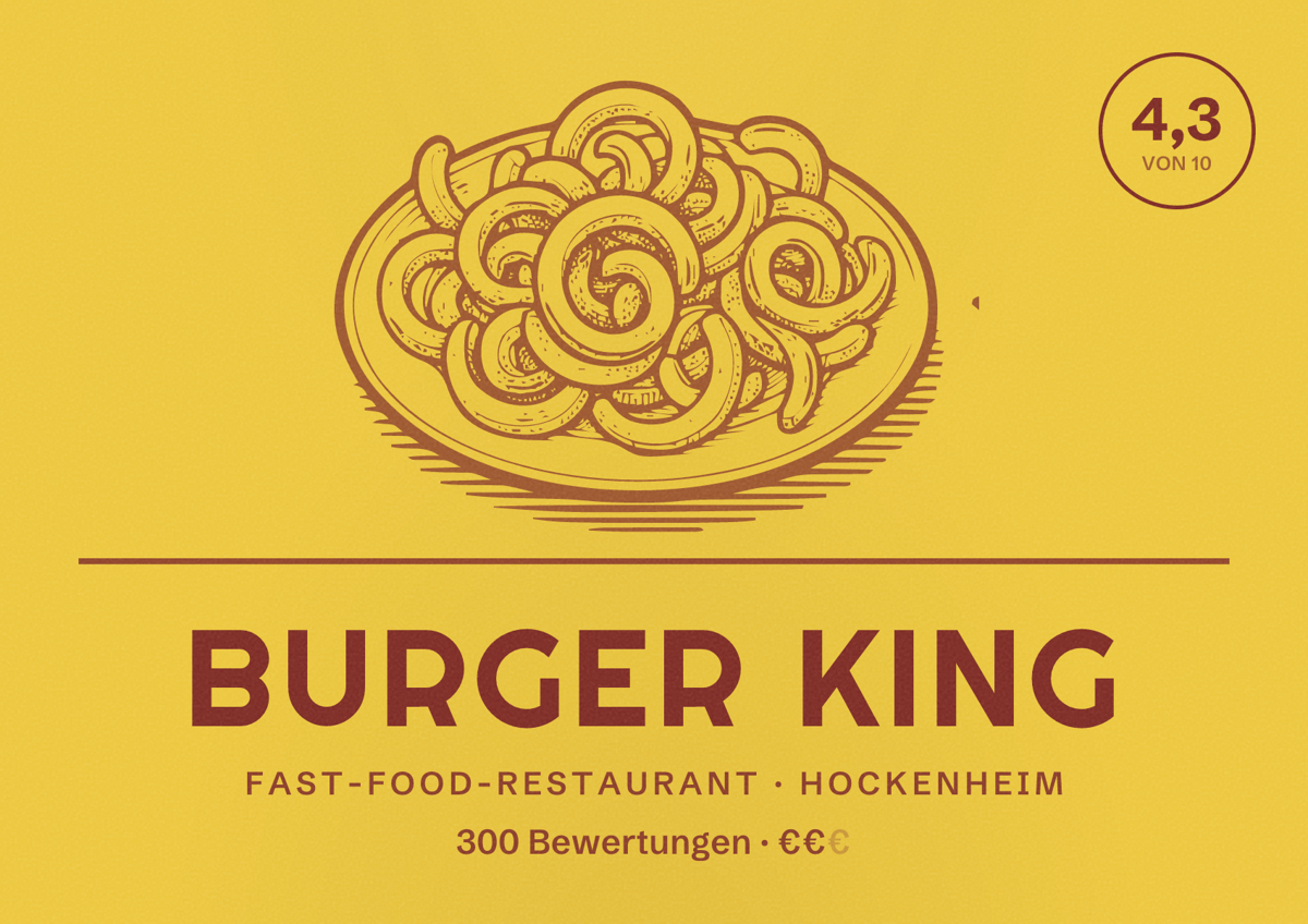 Illustriertes Poster von Burger King, Fast-Food-Restaurant in Hockenheim: Bewertung 4,3 von 10 aus 300 Bewertungen, Preisniveau €€