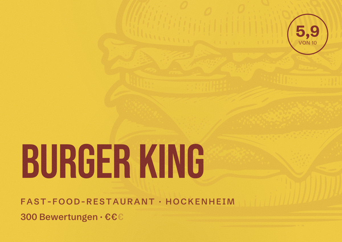 Illustriertes Poster von Burger King, Fast-Food-Restaurant in Hockenheim: Bewertung 5,9 von 10 aus 300 Bewertungen, Preisniveau €€