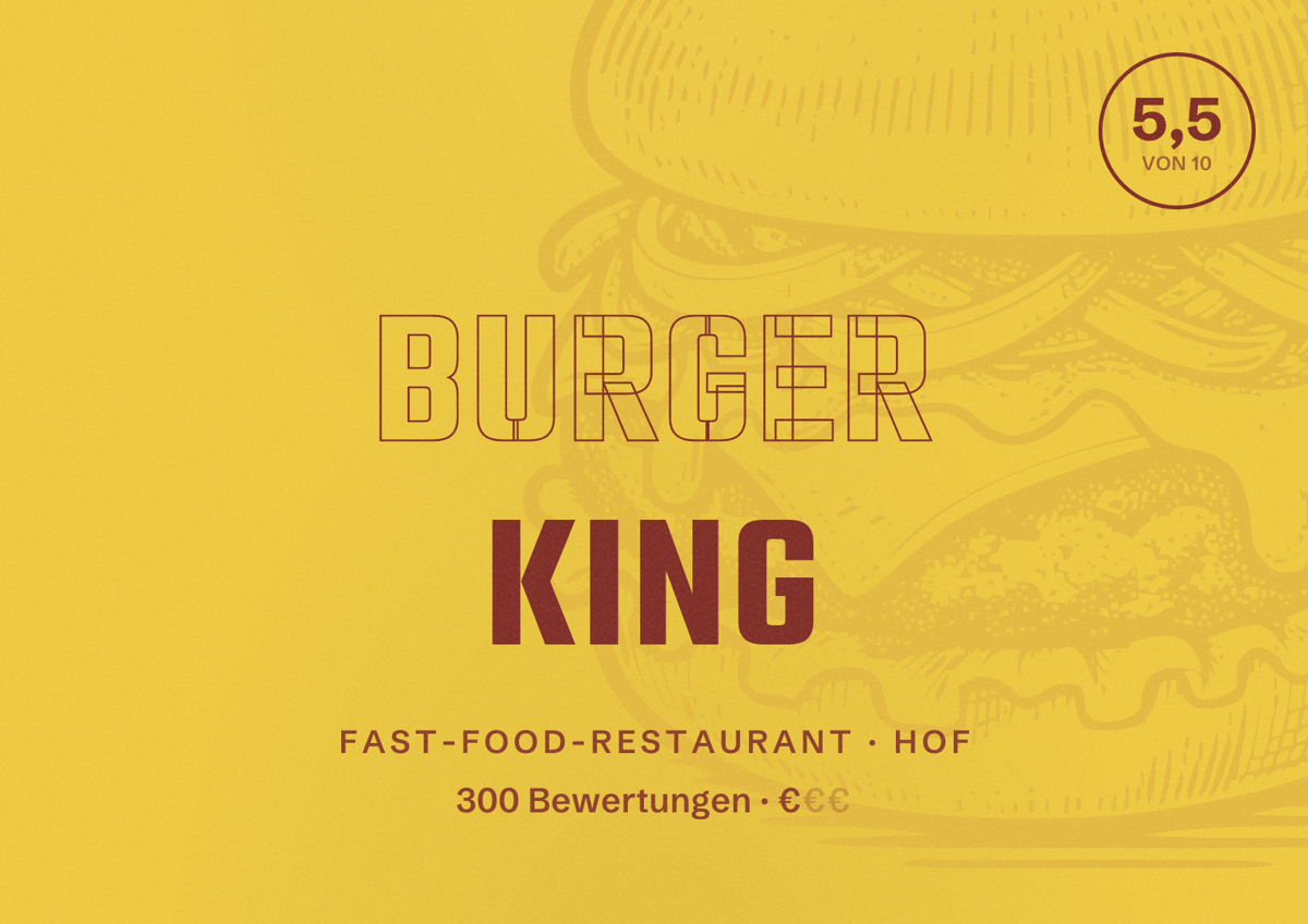 Illustriertes Poster von Burger King, Fast-Food-Restaurant in Hof: Bewertung 5,5 von 10 aus 300 Bewertungen, Preisniveau €