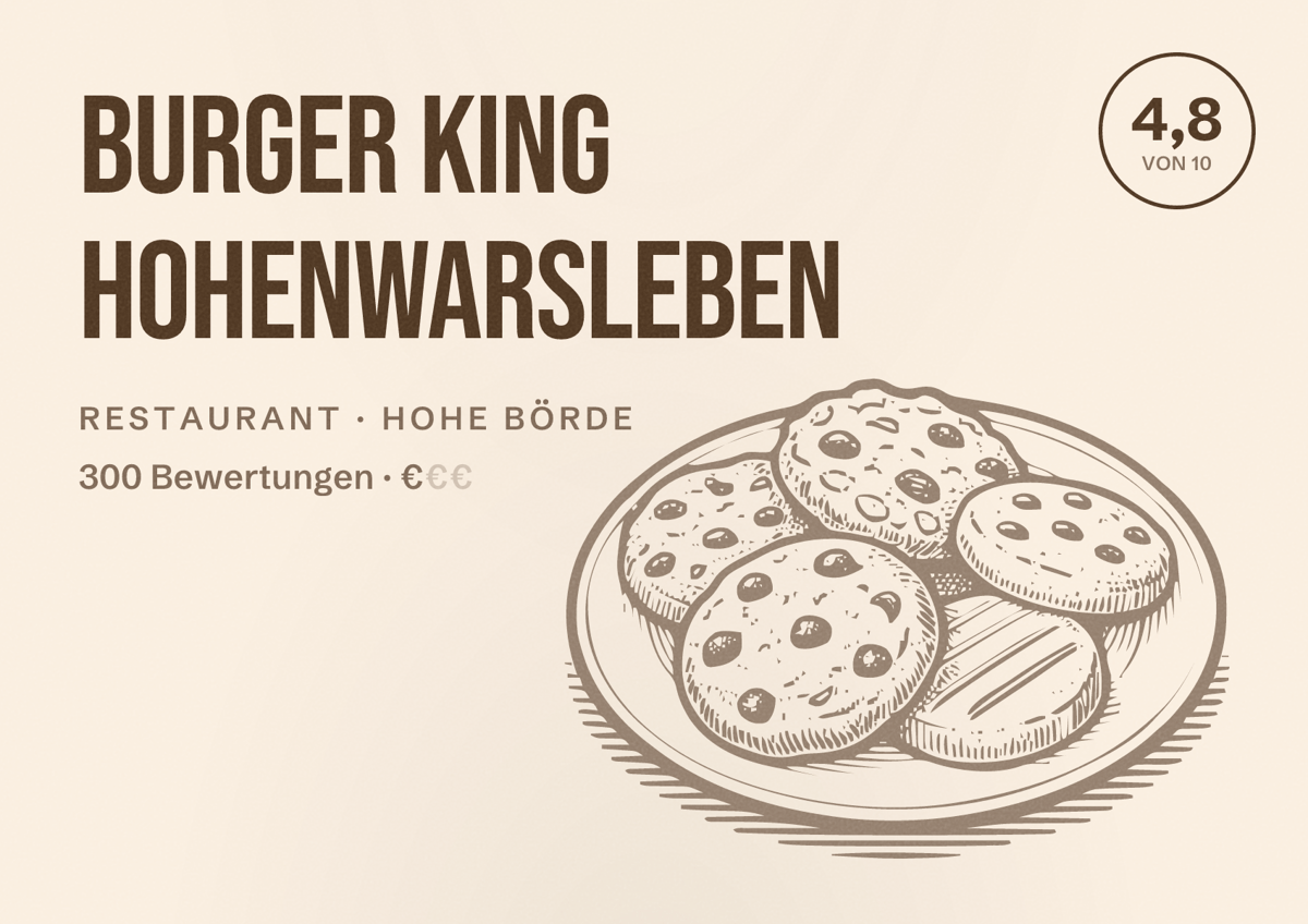 Illustriertes Poster von Burger King Hohenwarsleben, Restaurant in Hohe Börde: Bewertung 4,8 von 10 aus 300 Bewertungen, Preisniveau €