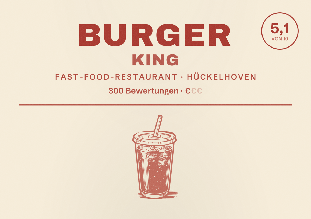 Illustriertes Poster von Burger King, Fast-Food-Restaurant in Hückelhoven: Bewertung 5,1 von 10 aus 300 Bewertungen, Preisniveau €