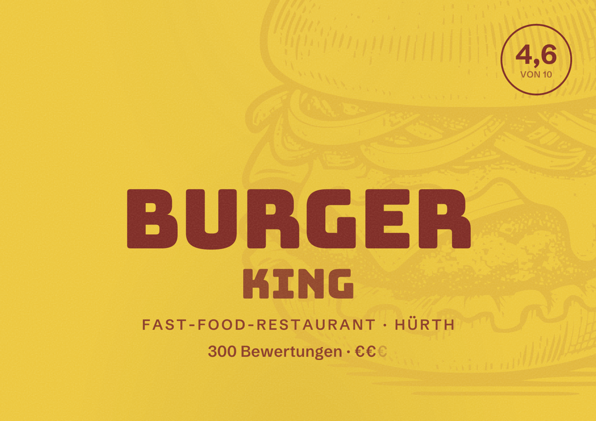 Illustriertes Poster von Burger King, Fast-Food-Restaurant in Hürth: Bewertung 4,6 von 10 aus 300 Bewertungen, Preisniveau €€