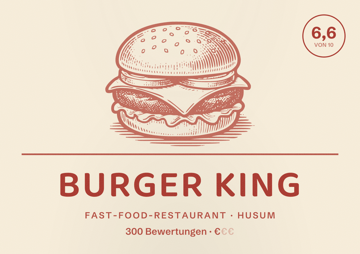 Illustriertes Poster von Burger King, Fast-Food-Restaurant in Husum: Bewertung 6,6 von 10 aus 300 Bewertungen, Preisniveau €