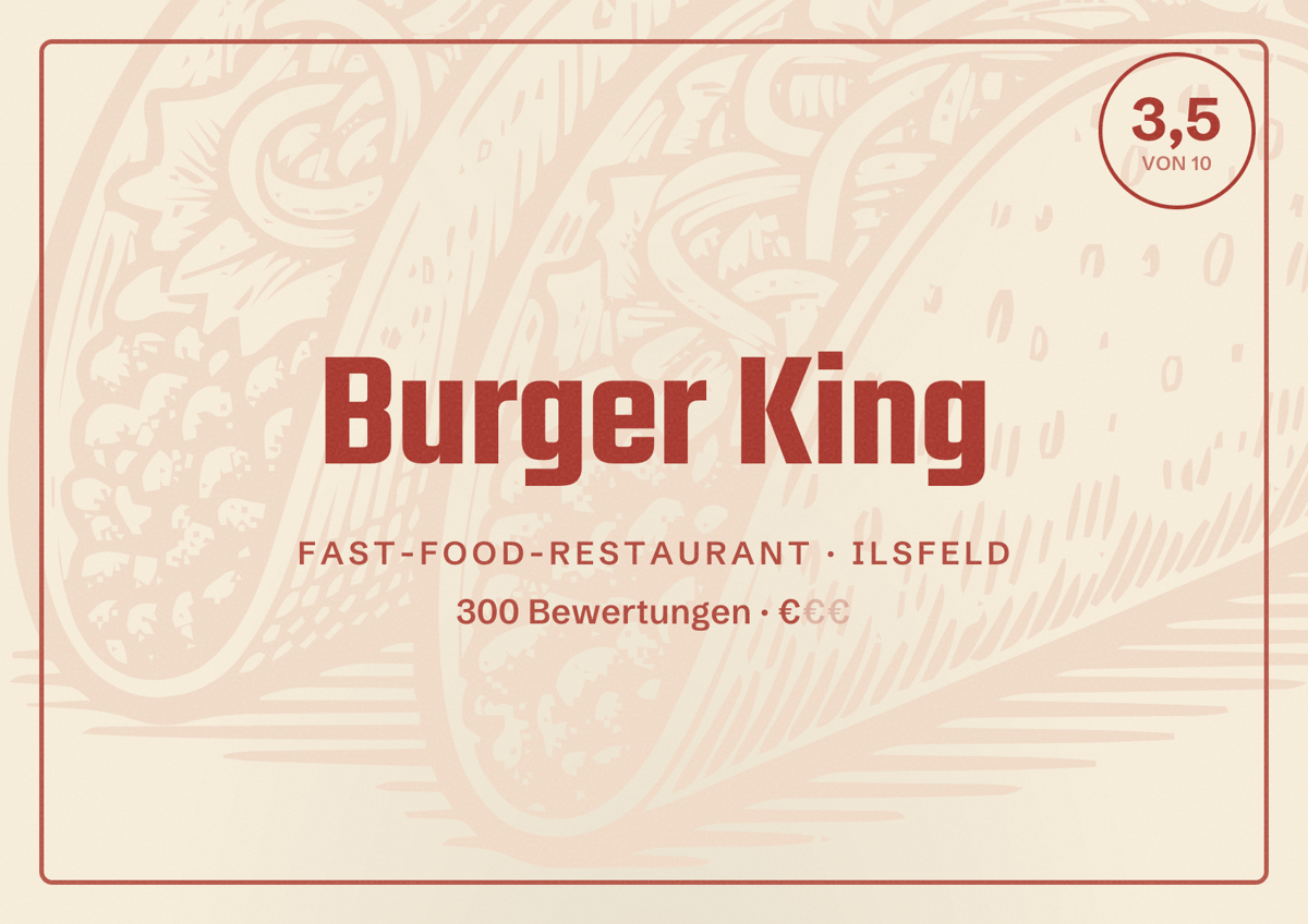 Illustriertes Poster von Burger King, Fast-Food-Restaurant in Ilsfeld: Bewertung 3,5 von 10 aus 300 Bewertungen, Preisniveau €