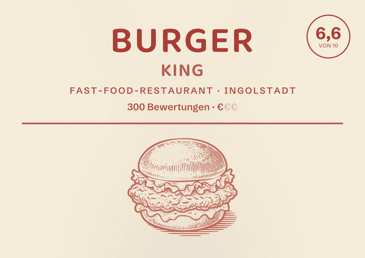 Illustriertes Poster von Burger King, Fast-Food-Restaurant in Ingolstadt: Bewertung 6,6 von 10 aus 300 Bewertungen, Preisniveau €