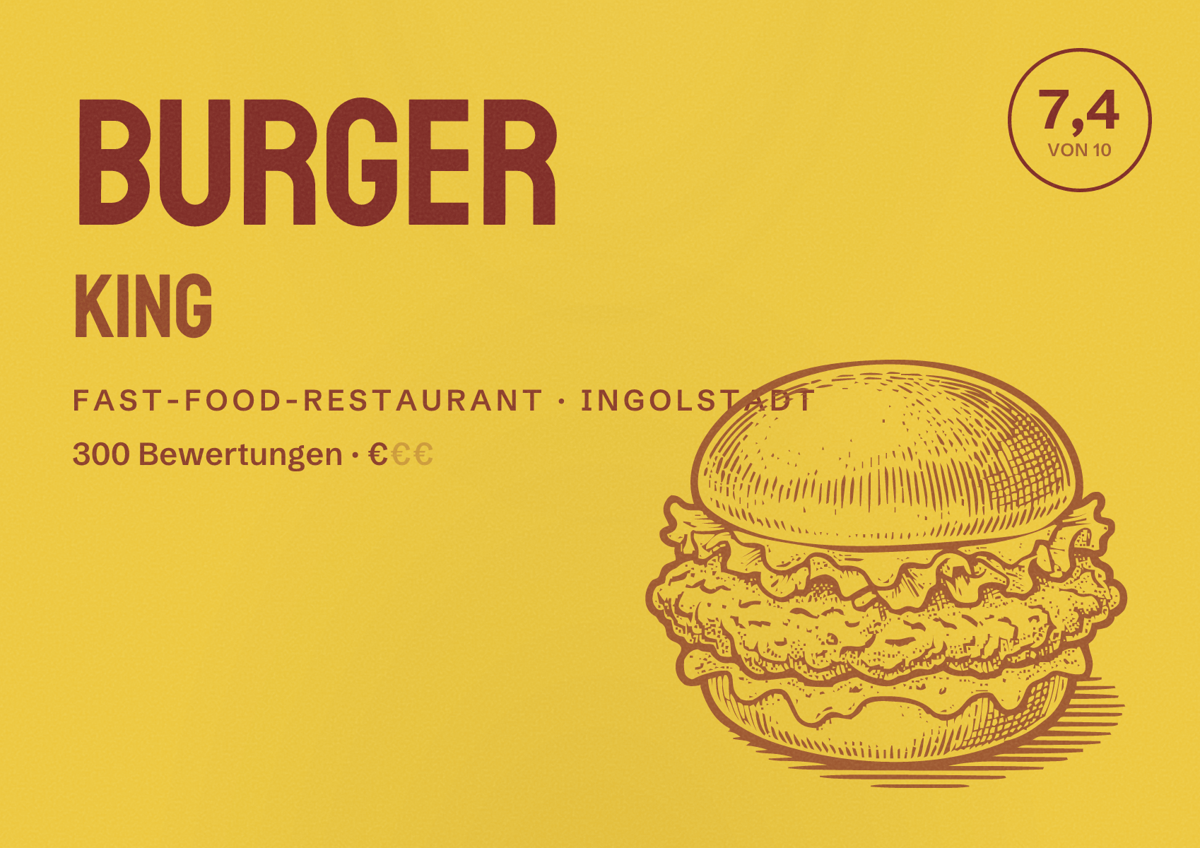 Illustriertes Poster von Burger King, Fast-Food-Restaurant in Ingolstadt: Bewertung 7,4 von 10 aus 300 Bewertungen, Preisniveau €