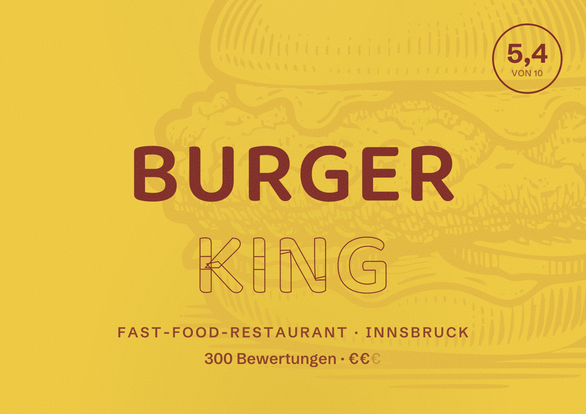 Illustriertes Poster von BURGER KING, Fast-Food-Restaurant in Innsbruck: Bewertung 5,4 von 10 aus 300 Bewertungen, Preisniveau €€