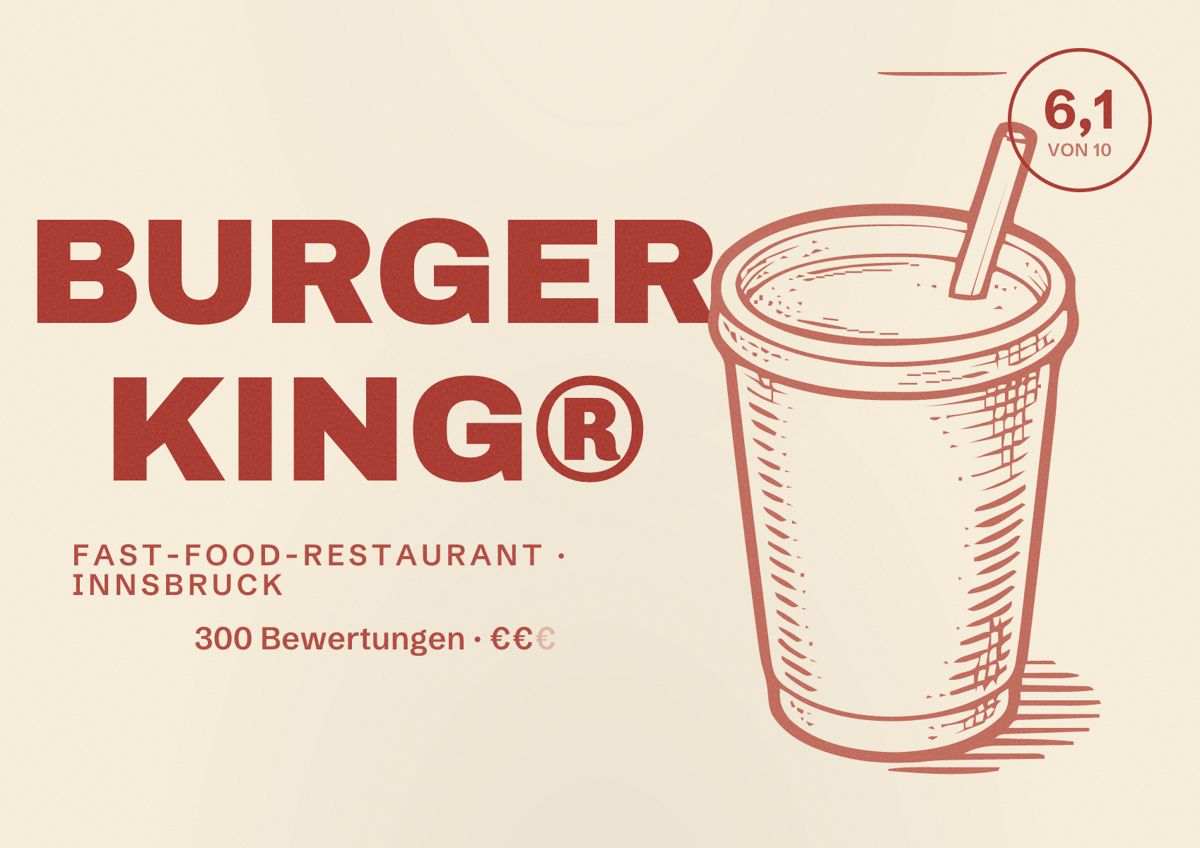 Illustriertes Poster von BURGER KING®, Fast-Food-Restaurant in Innsbruck: Bewertung 6,1 von 10 aus 300 Bewertungen, Preisniveau €€