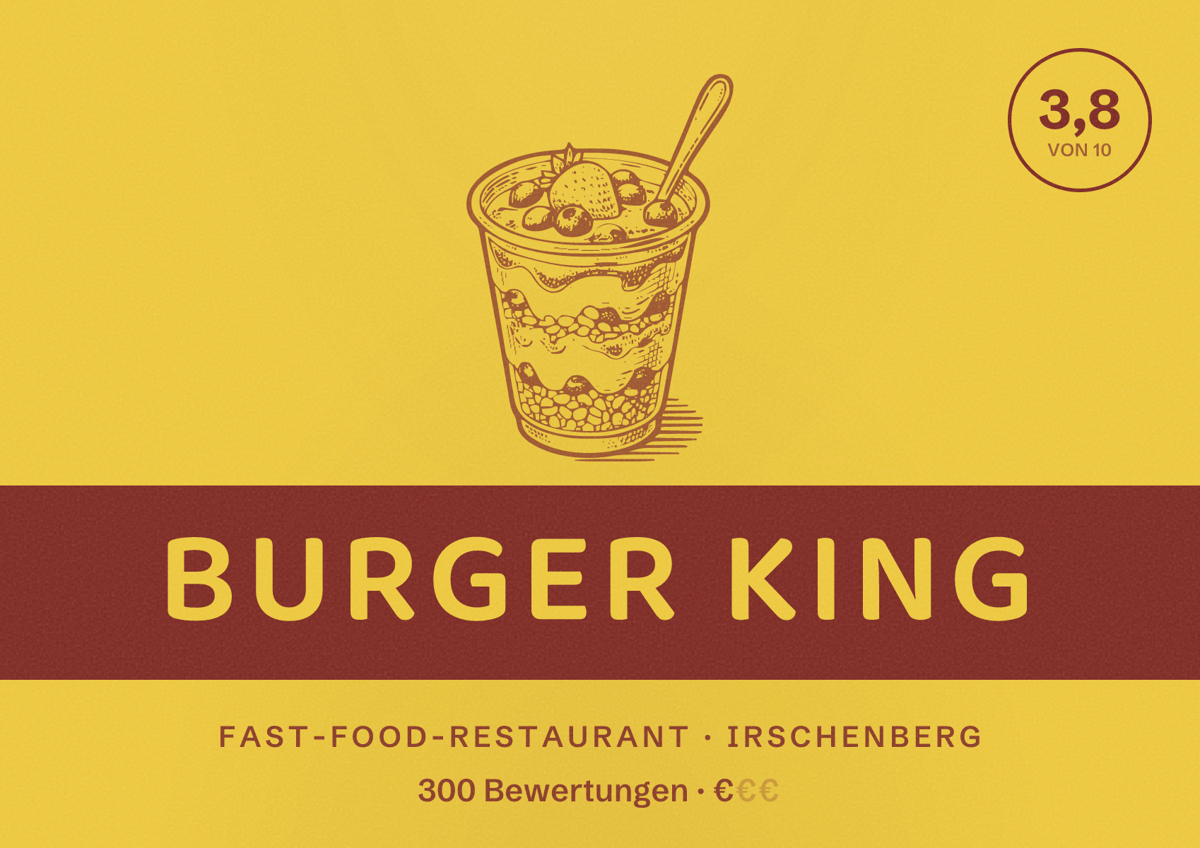 Illustriertes Poster von Burger King, Fast-Food-Restaurant in Irschenberg: Bewertung 3,8 von 10 aus 300 Bewertungen, Preisniveau €