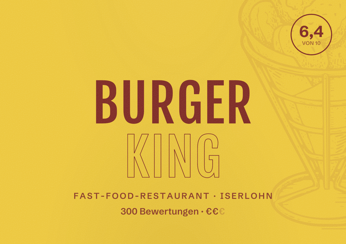 Illustriertes Poster von Burger King, Fast-Food-Restaurant in Iserlohn: Bewertung 6,4 von 10 aus 300 Bewertungen, Preisniveau €€
