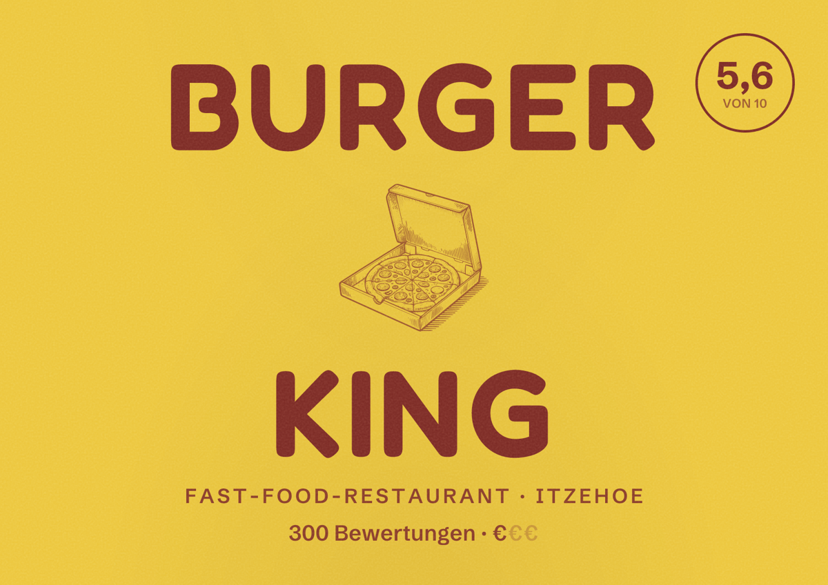 Illustriertes Poster von Burger King, Fast-Food-Restaurant in Itzehoe: Bewertung 5,6 von 10 aus 300 Bewertungen, Preisniveau €