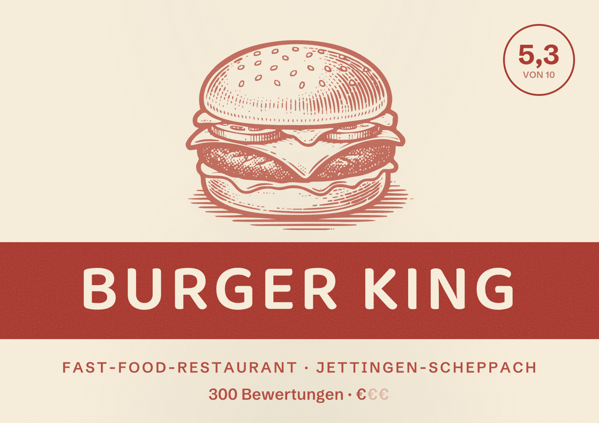 Illustriertes Poster von Burger King, Fast-Food-Restaurant in Jettingen-Scheppach: Bewertung 5,3 von 10 aus 300 Bewertungen, Preisniveau €