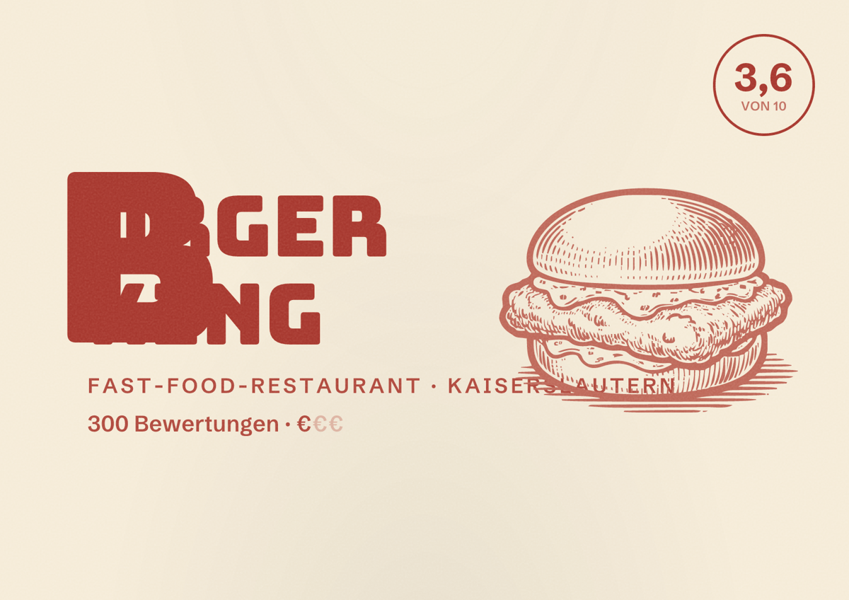 Illustriertes Poster von Burger King, Fast-Food-Restaurant in Kaiserslautern: Bewertung 3,6 von 10 aus 300 Bewertungen, Preisniveau €