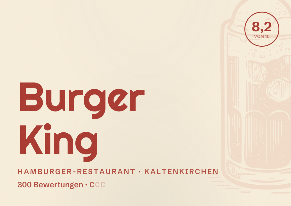 Illustriertes Poster von Burger King, Hamburger-Restaurant in Kaltenkirchen: Bewertung 8,2 von 10 aus 300 Bewertungen, Preisniveau €
