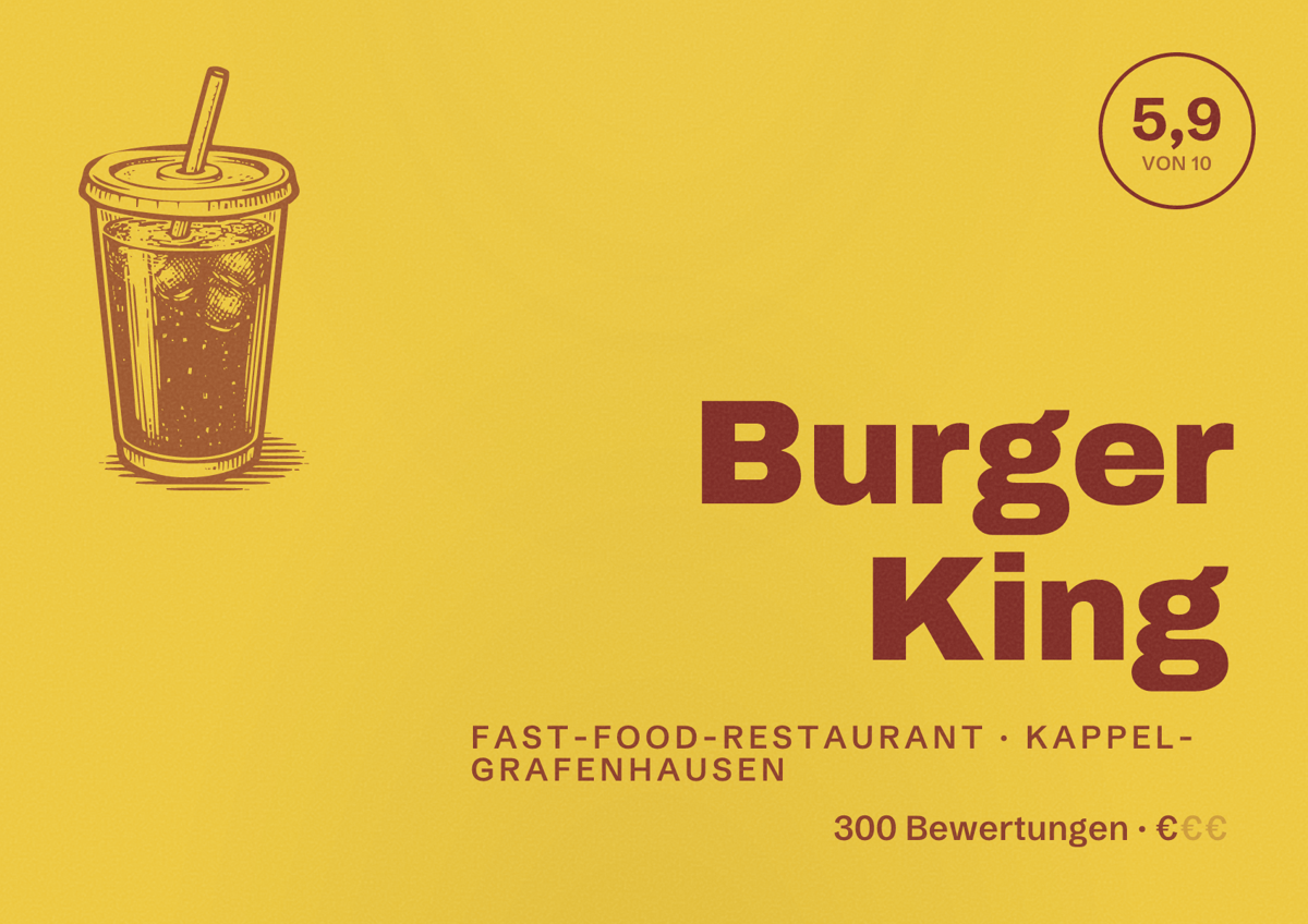 Illustriertes Poster von Burger King, Fast-Food-Restaurant in Kappel-Grafenhausen: Bewertung 5,9 von 10 aus 300 Bewertungen, Preisniveau €