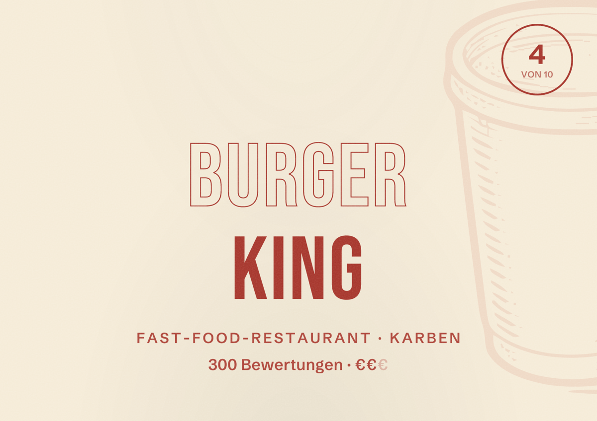 Illustriertes Poster von Burger King, Fast-Food-Restaurant in Karben: Bewertung 4 von 10 aus 300 Bewertungen, Preisniveau €€