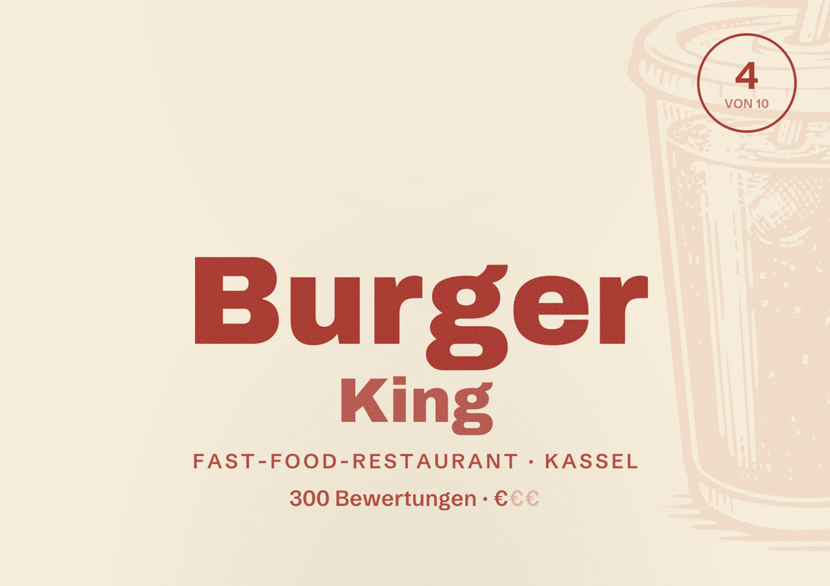 Illustriertes Poster von Burger King, Fast-Food-Restaurant in Kassel: Bewertung 4 von 10 aus 300 Bewertungen, Preisniveau €