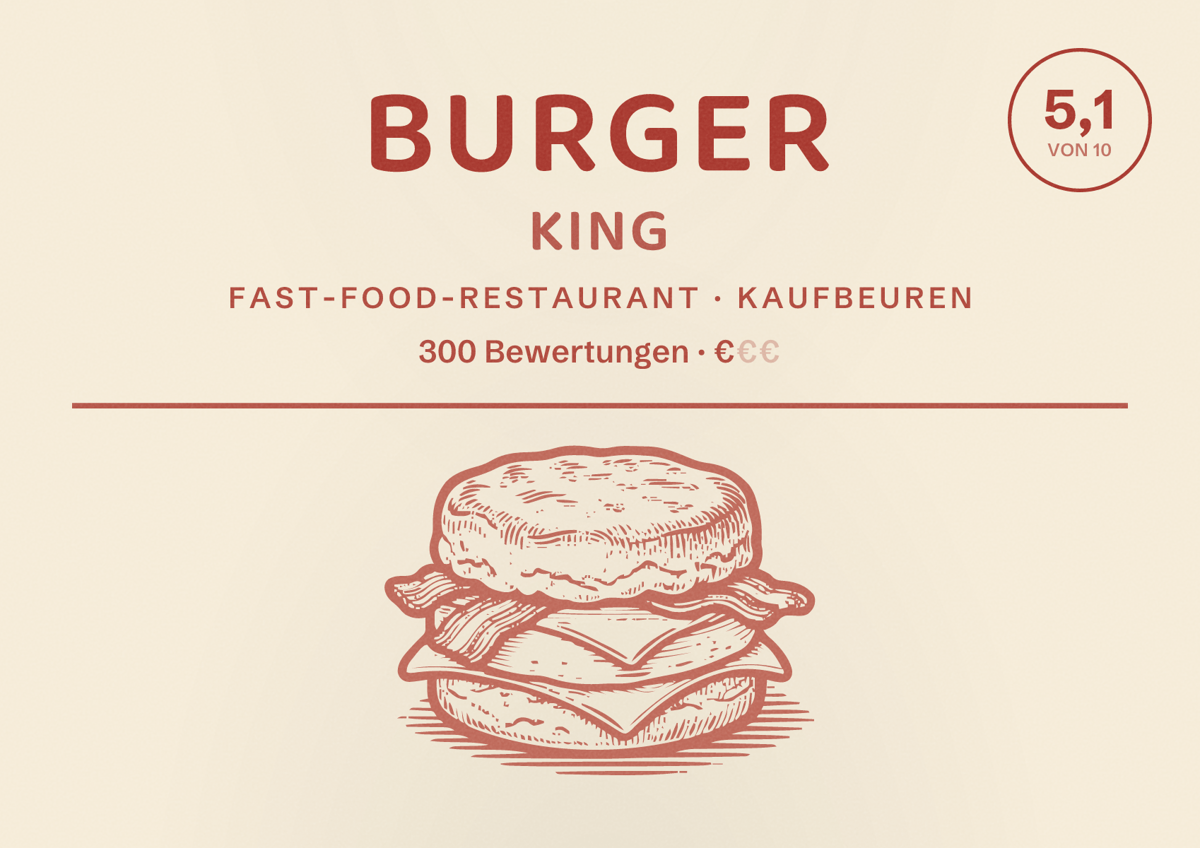 Illustriertes Poster von Burger King, Fast-Food-Restaurant in Kaufbeuren: Bewertung 5,1 von 10 aus 300 Bewertungen, Preisniveau €