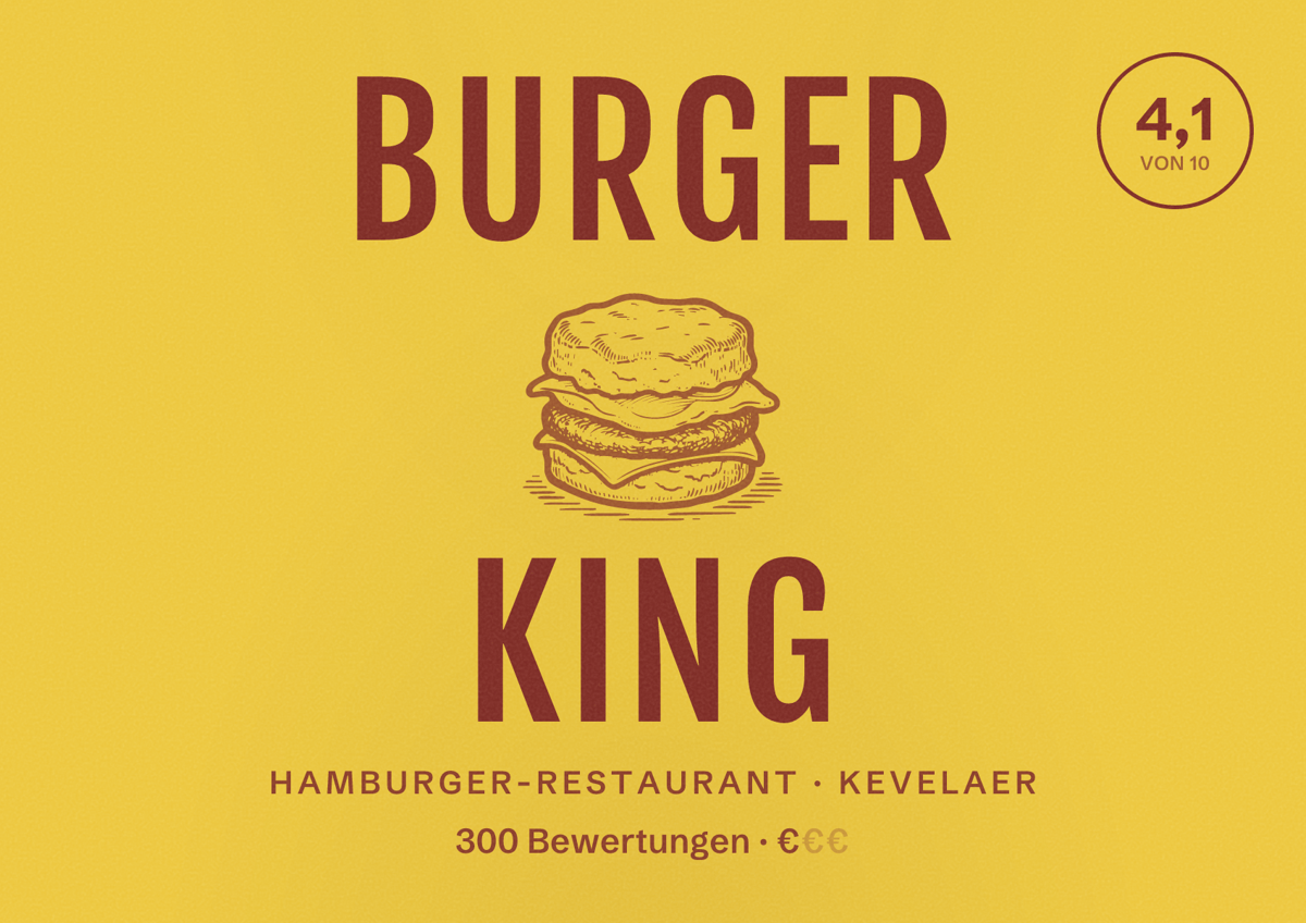 Illustriertes Poster von BURGER KING, Hamburger-Restaurant in Kevelaer: Bewertung 4,1 von 10 aus 300 Bewertungen, Preisniveau €